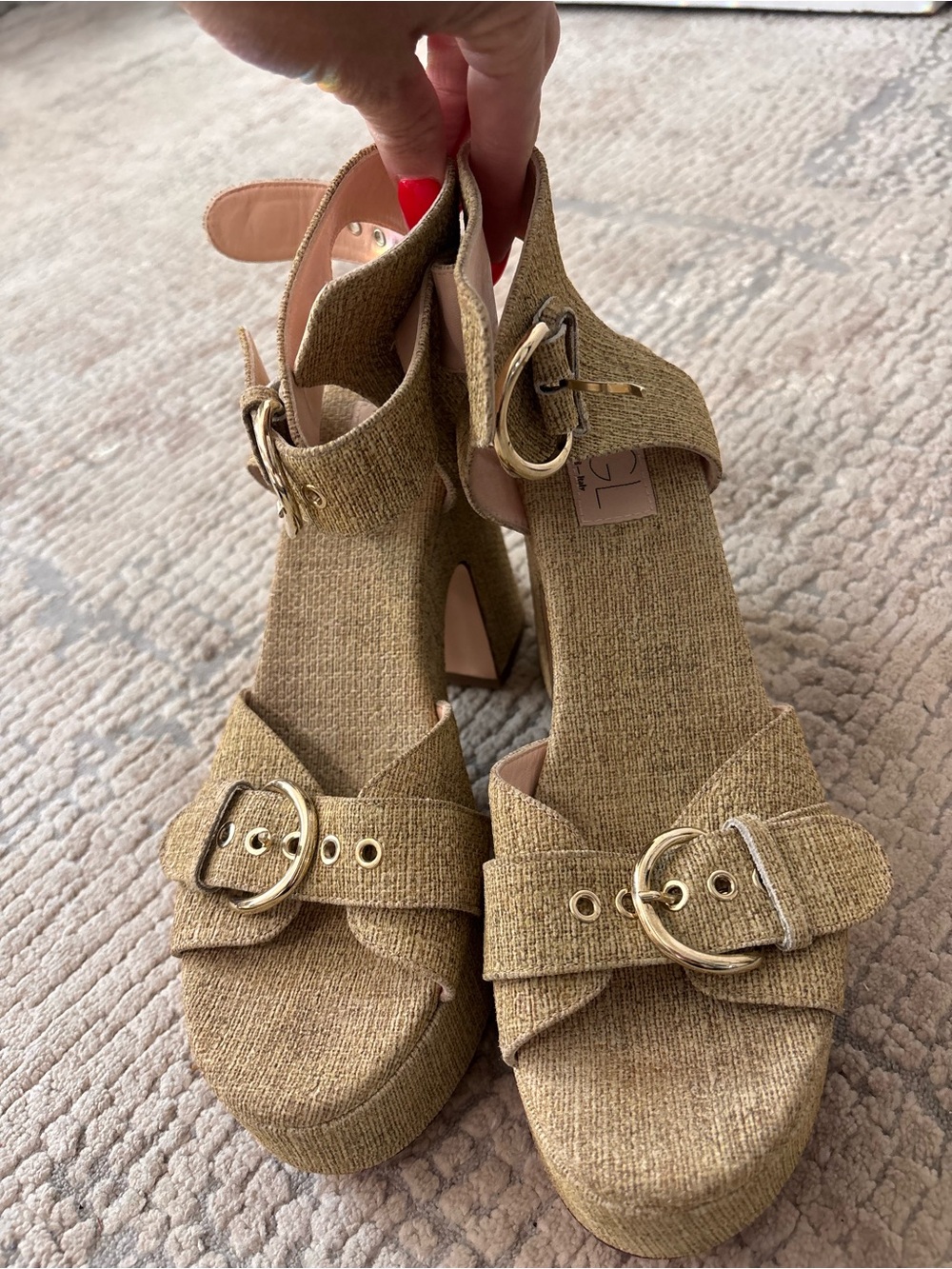 AGL Woven Tan Platform Sandals with Gold Buckles  8.5